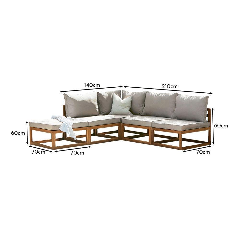 Rowan 5 Seater Wooden Garden Chaise Corner Sofa Set - Natural - Laura James