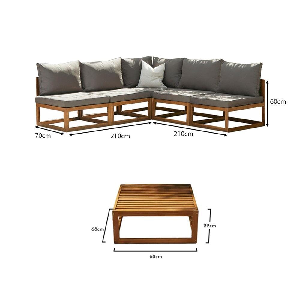 Rowan 5 Seater Wooden Garden Corner Sofa Set with Coffee Table - Grey - Laura James