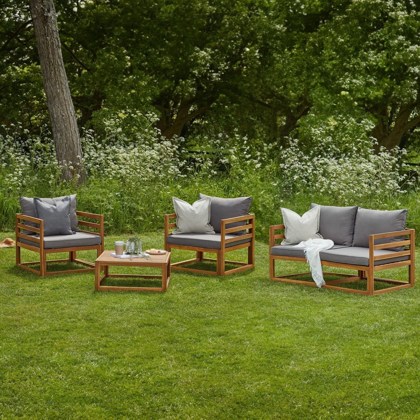 Rowan Outdoor Wooden Set with 2 Seater Sofa, 2 Armchairs and Coffee Table