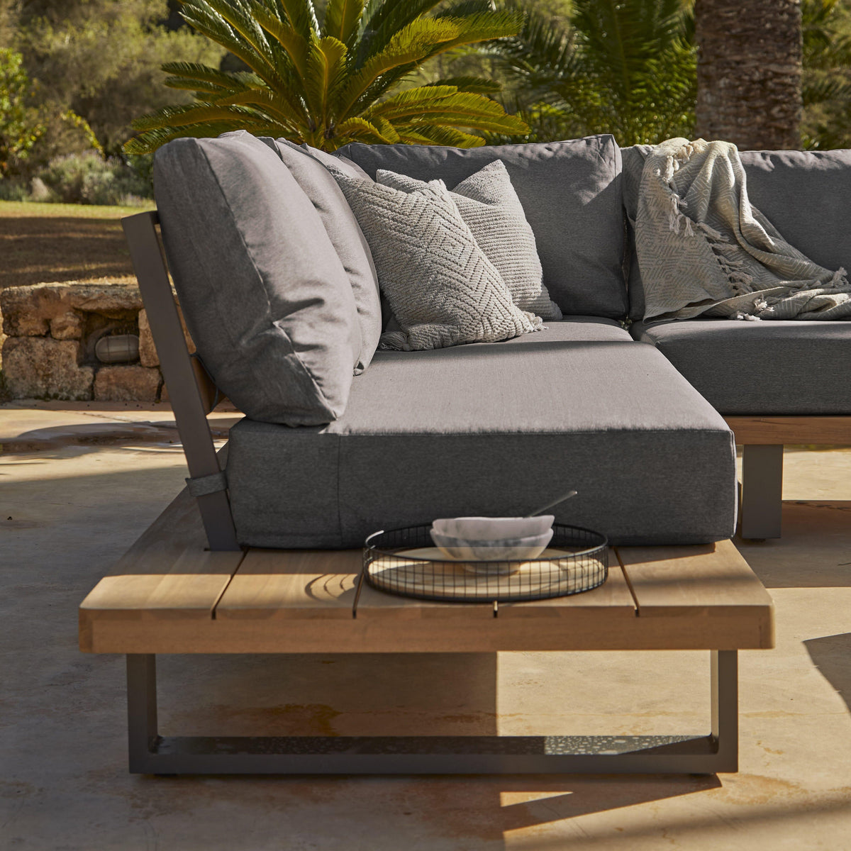 Shiva Grey Garden Corner Sofa Set with Cream Lean Over Parasol - Laura James