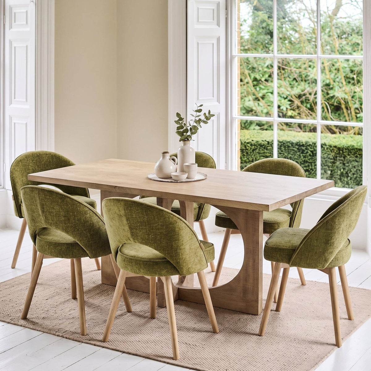 Jade 190cm Chalked Mango Wood Dining Table Set - 6 Seater - Marilyn Moss Green Dining Chairs - Chalked Mango Wood Legs - Laura James
