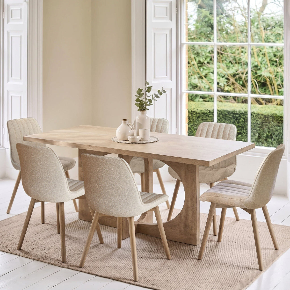 Jade 190cm Chalked Mango Wood Dining Table Set - 6 Seater - Bella Boucle Dining Chairs - Chalked Mango Wood Legs