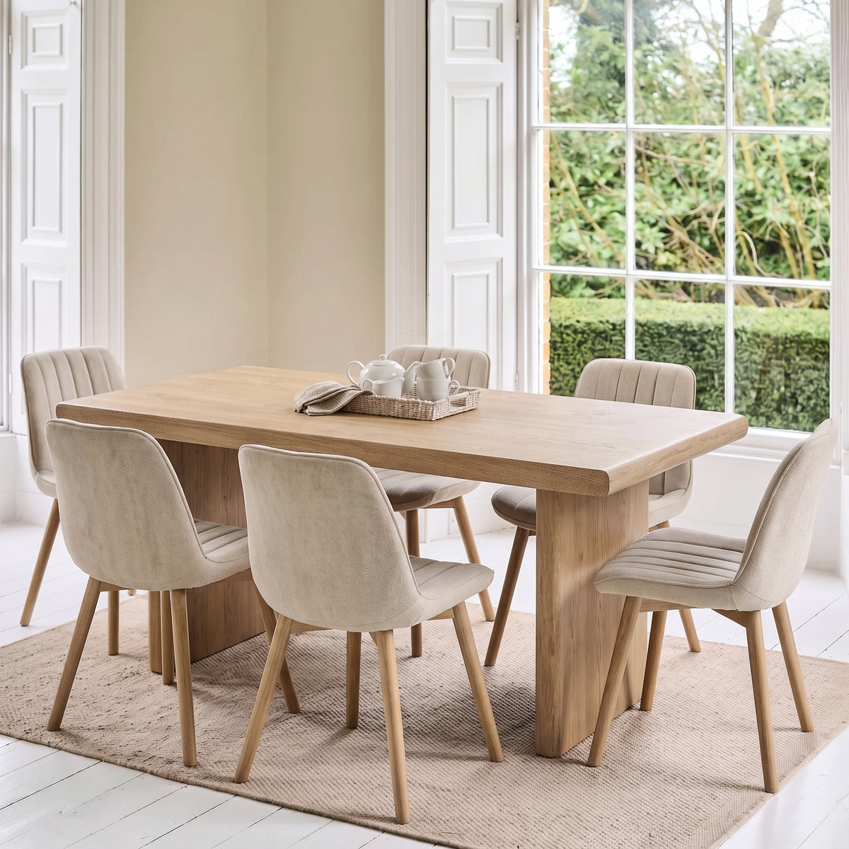 Nevaeh Chalked Mango Wood Dining Table Set - 6 Seater - Bella Boucle Dining Chairs - Chalked Mango Wood Legs - Laura James