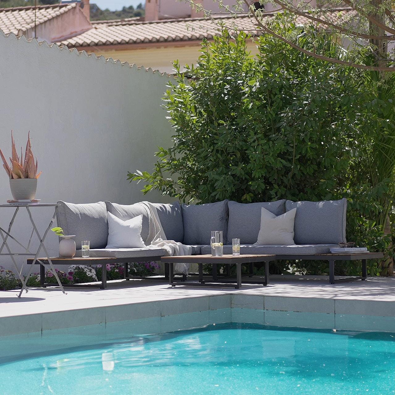 Thea Wooden Garden Corner Sofa Set with Grey Parasol