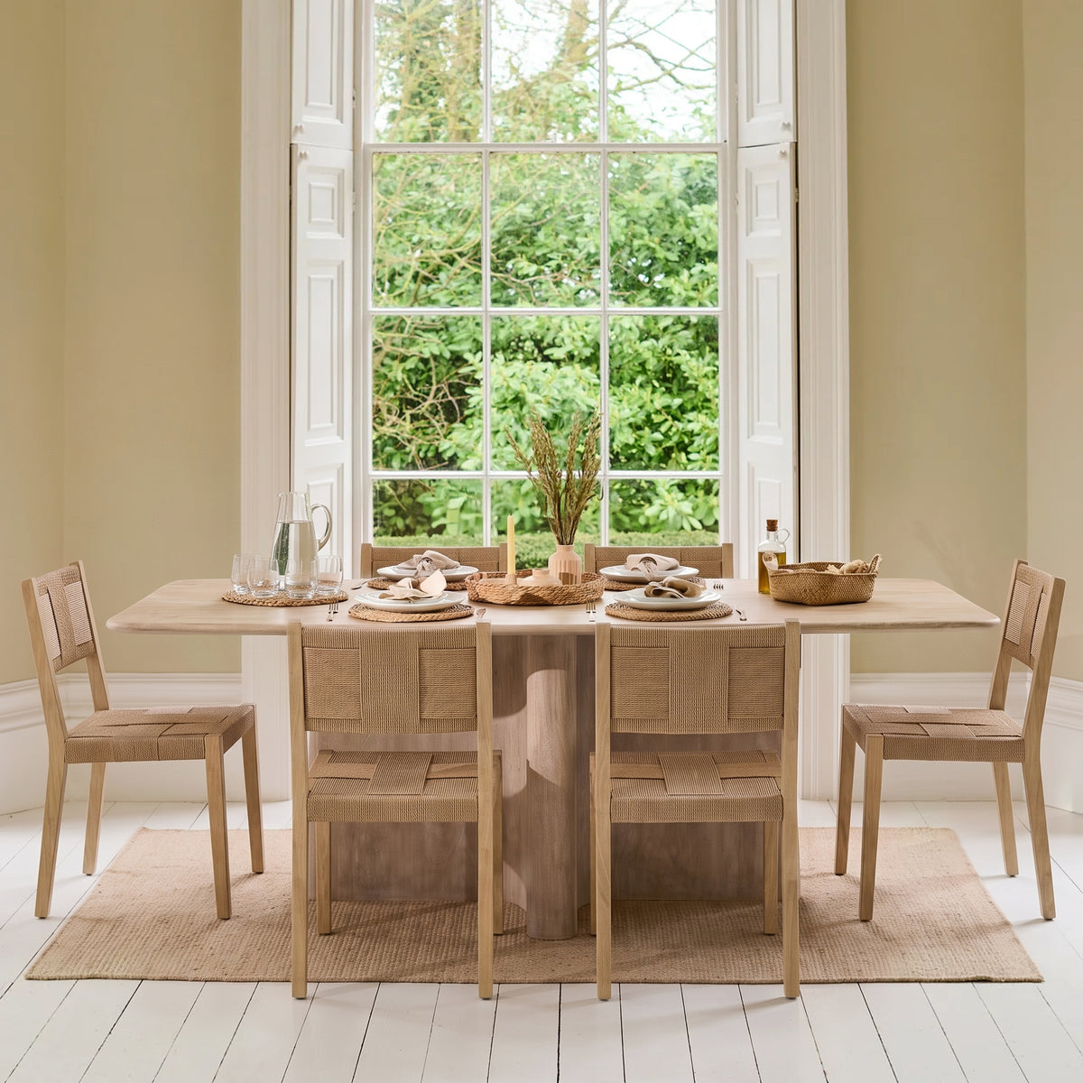 Bastian 220cm Limewash Dining Table Set - 6 Seater - Dinah Natural String Dining Chairs - Whitewash Oak Legs - Laura James