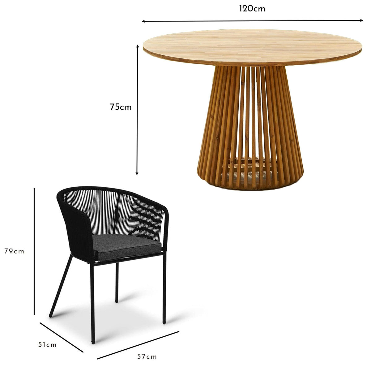 Willow 4 Seater Natural Wood Round Garden Dining Set - Hali Black Chairs