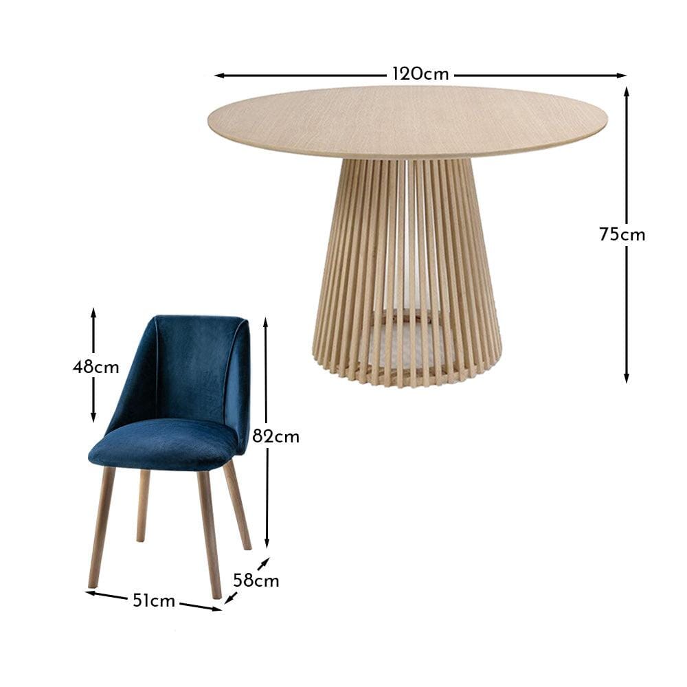 Willow Pale Oak Dining Table Set - 4 Seater - Freya Blue Dining Chairs - Whitewash Legs