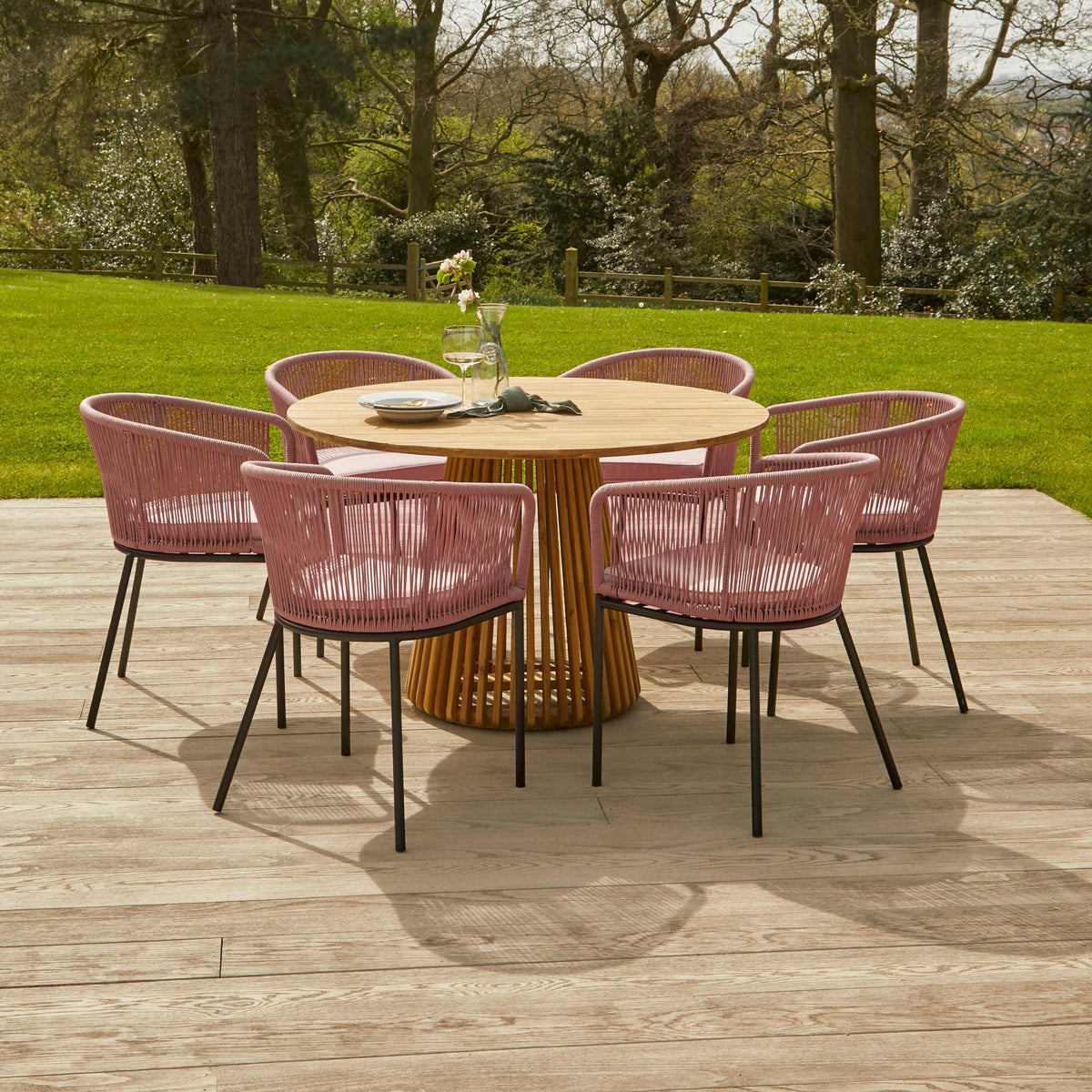 Willow 6 Seater Natural Wood Round Garden Dining Set - Hali Pink Chairs