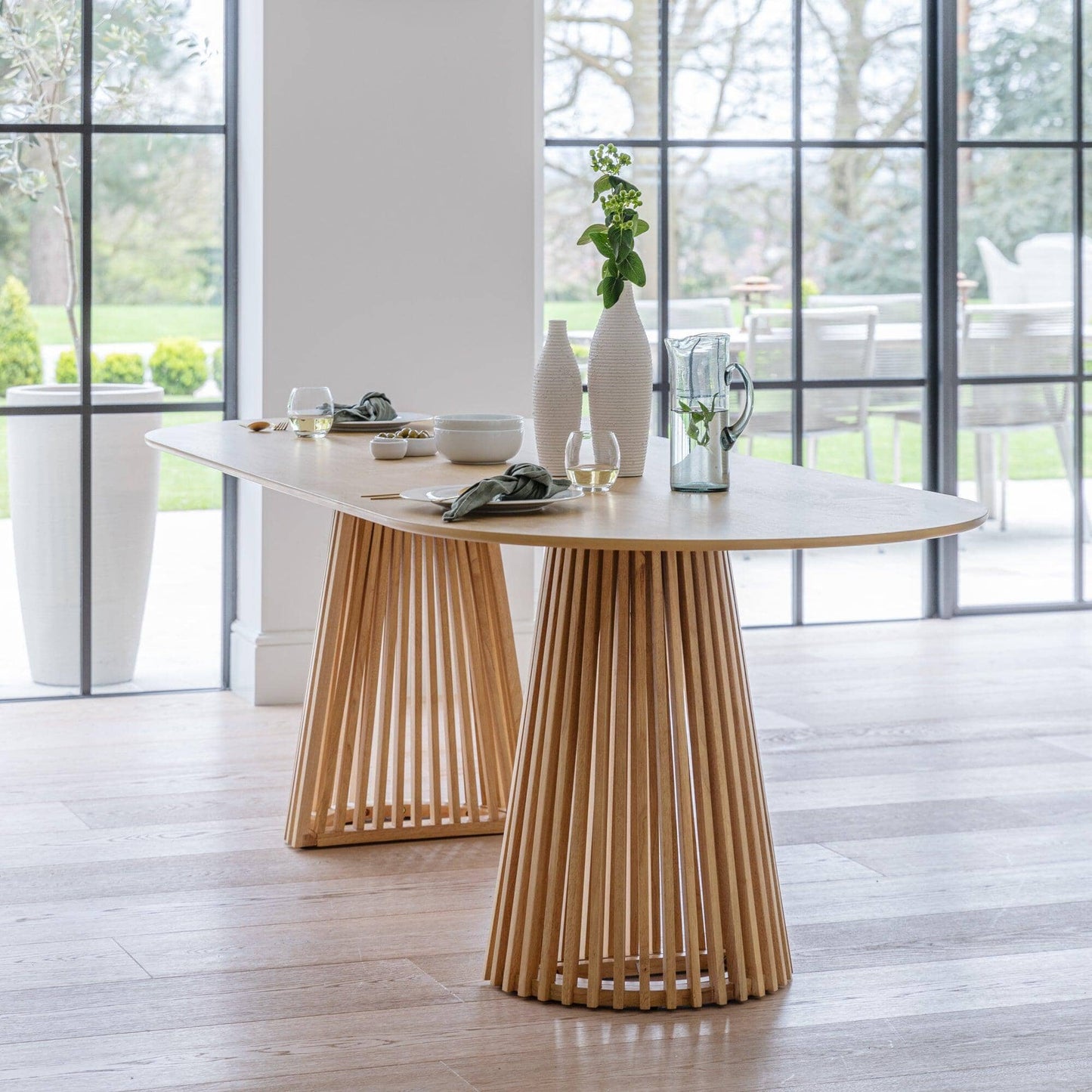 Willow 6 Seater Pale Oak Dining Table Set - Freya Oatmeal Dining Chairs - Laura James