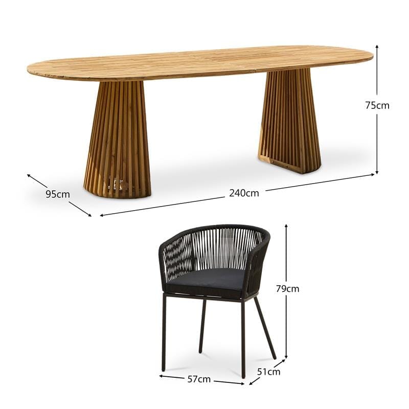 Willow 6 Seater Wooden Garden Dining Set with 6 Hali Black Rope Chairs - Laura James