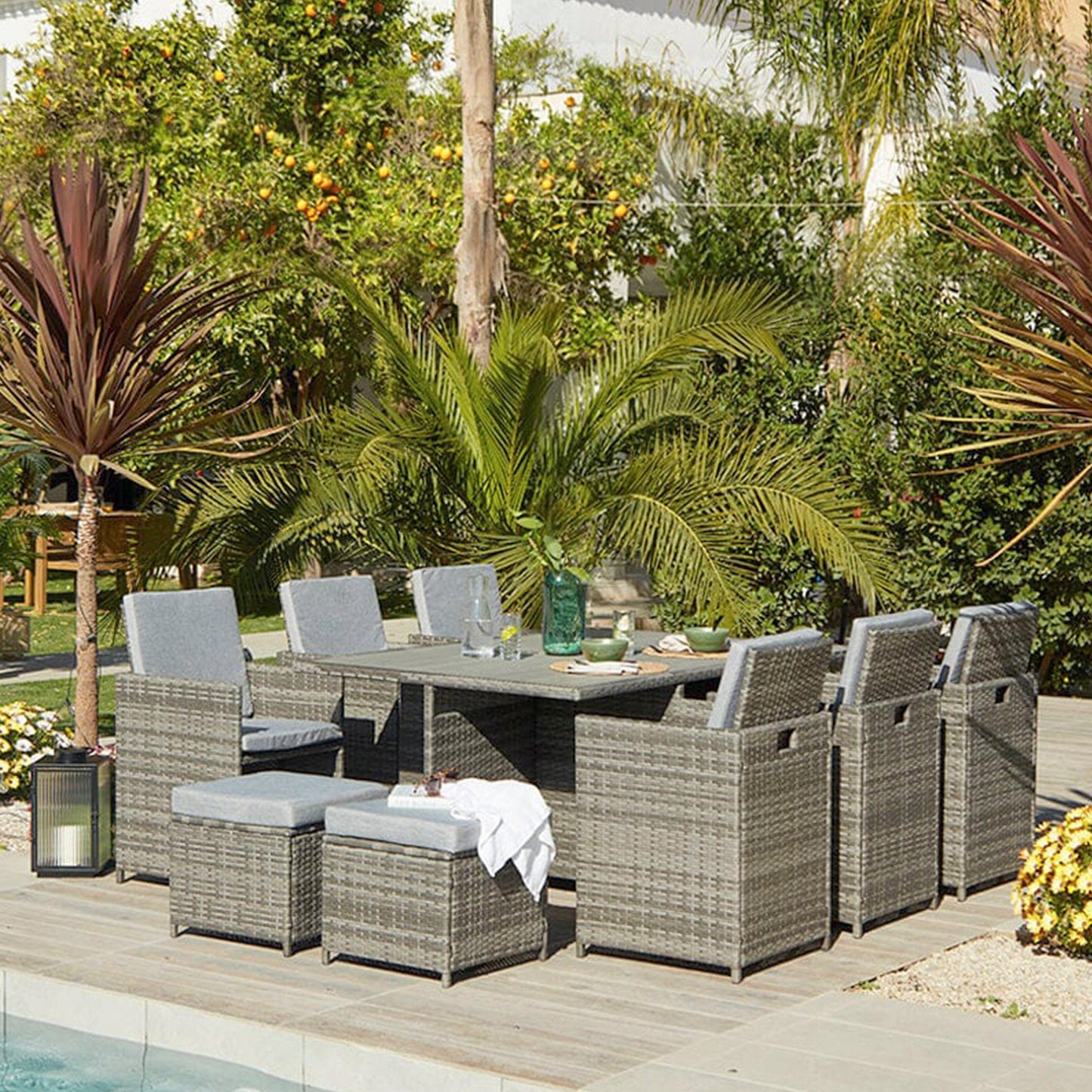 10 Seater Rattan Cube Outdoor Dining Set - Grey Weave Polywood Top