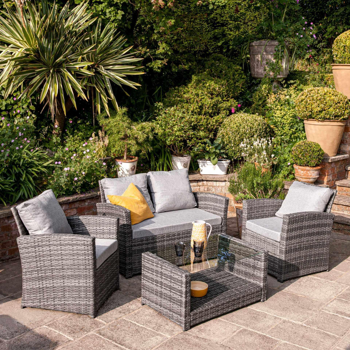 4 Seater Rattan Garden Sofa Set with Lean Over Parasol and Base - Grey Weave - Laura James