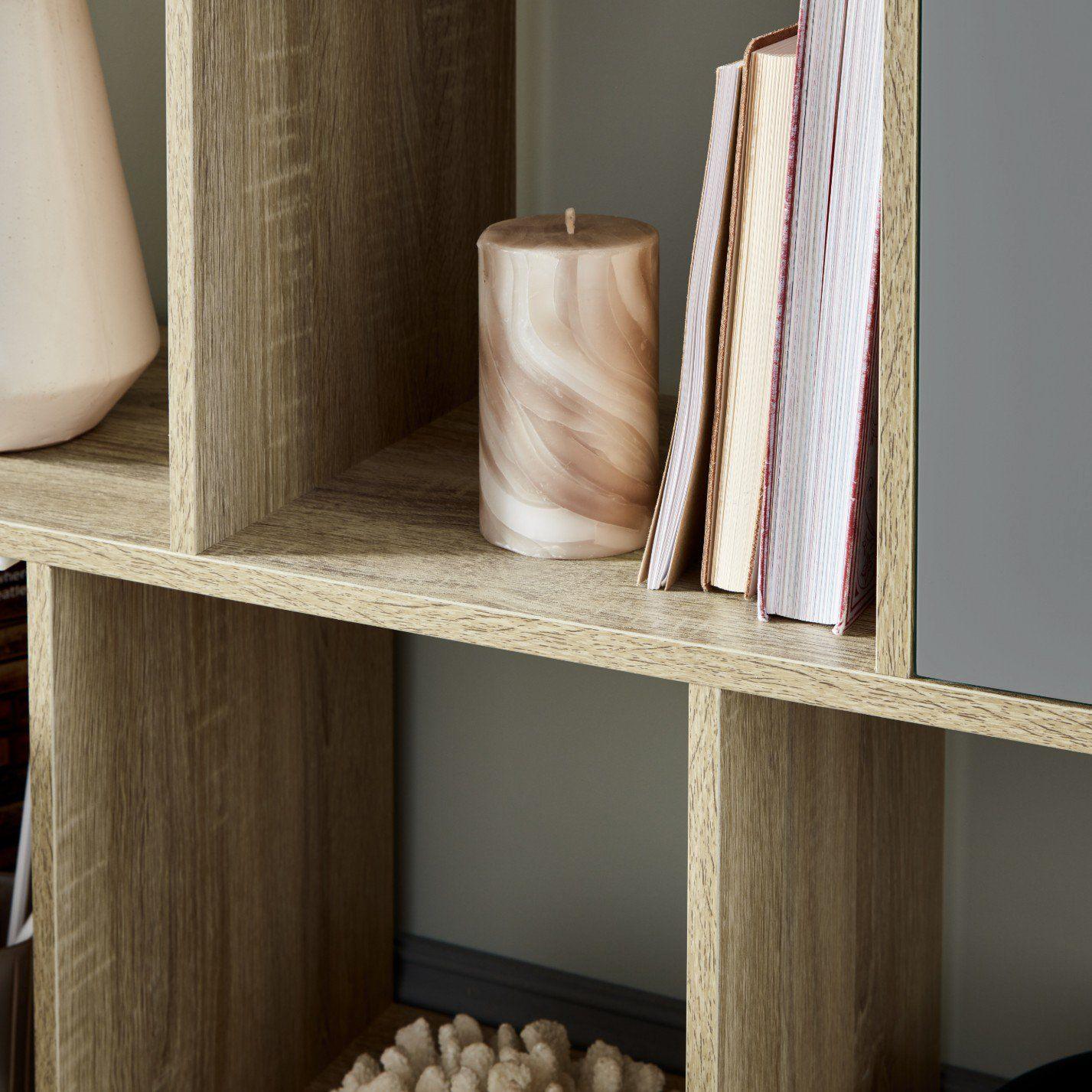 Anderson Oak Effect Mid Century Modern storage unit with grey cupboards - Laura James