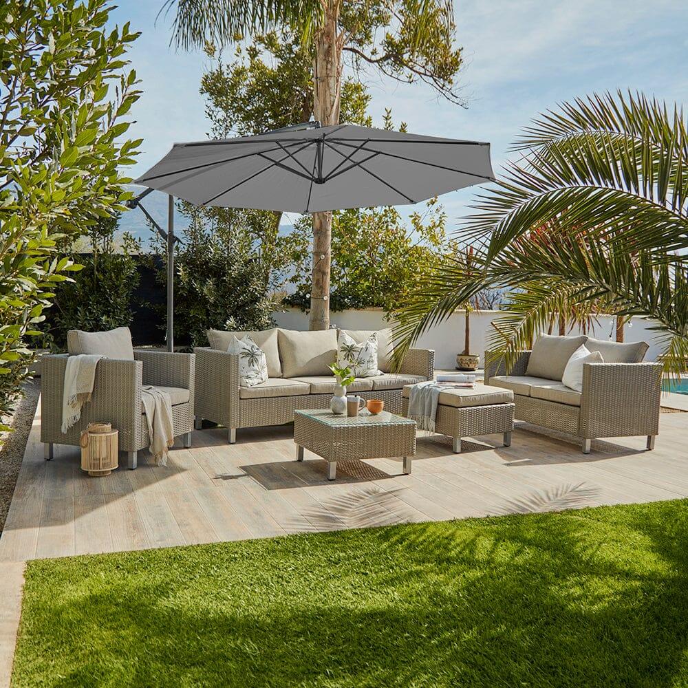 Aria 7 Seater Light Grey Rattan Sofa Set with Grey Lean Over Parasol - Laura James