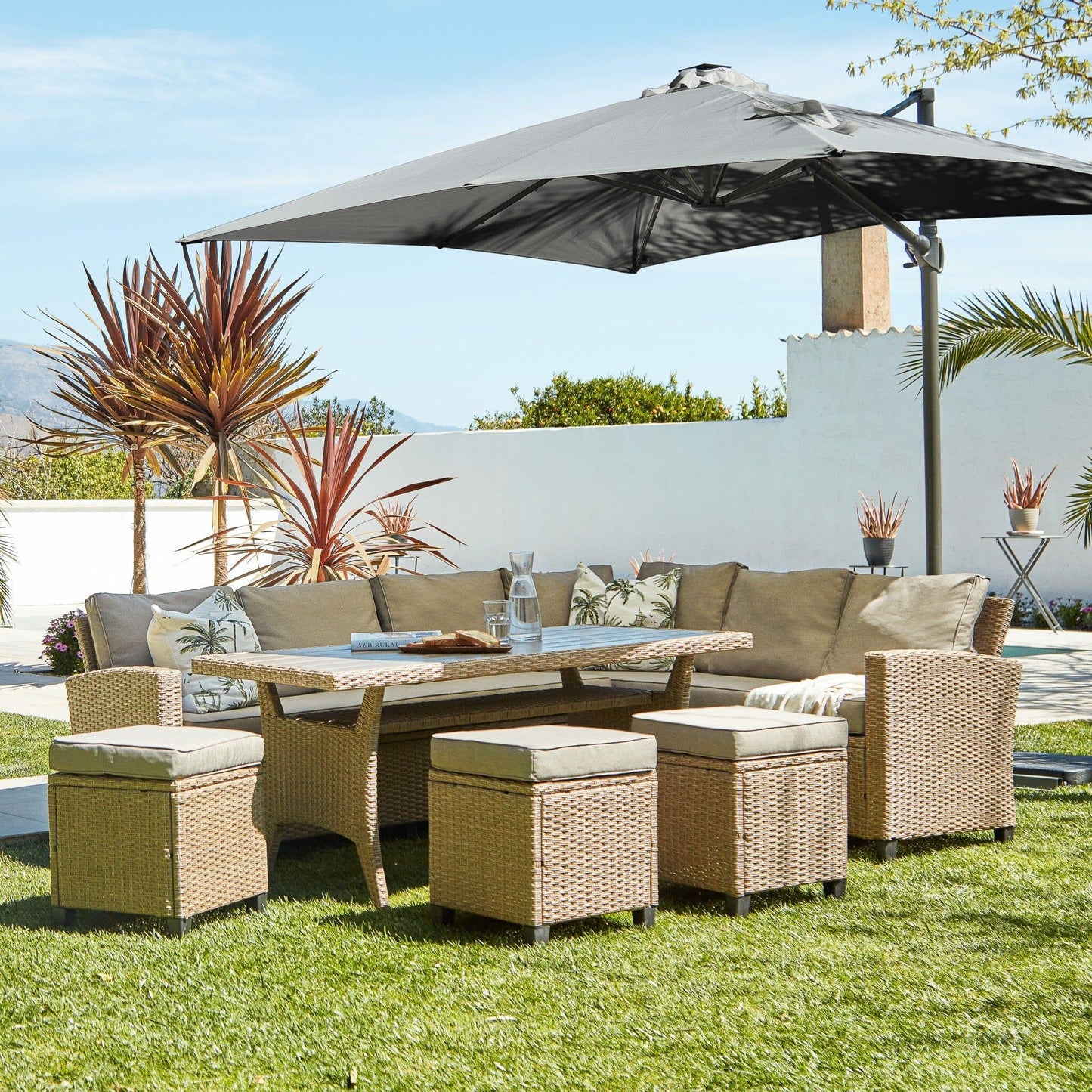 Aston rattan Corner Sofa Set premium grey LED parasol - 9 seater - natural brown - polywood table top