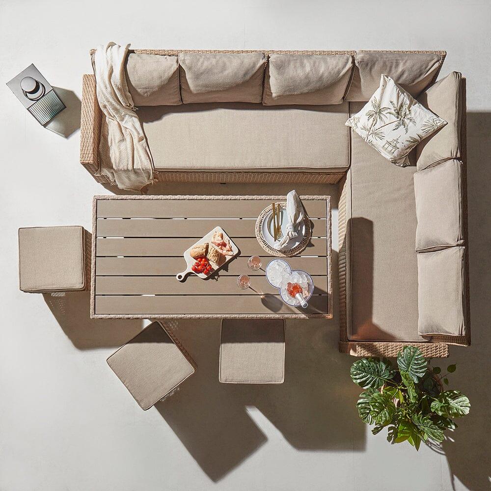 Aston rattan Corner Sofa Set premium grey LED parasol - 9 seater - natural brown - polywood table top