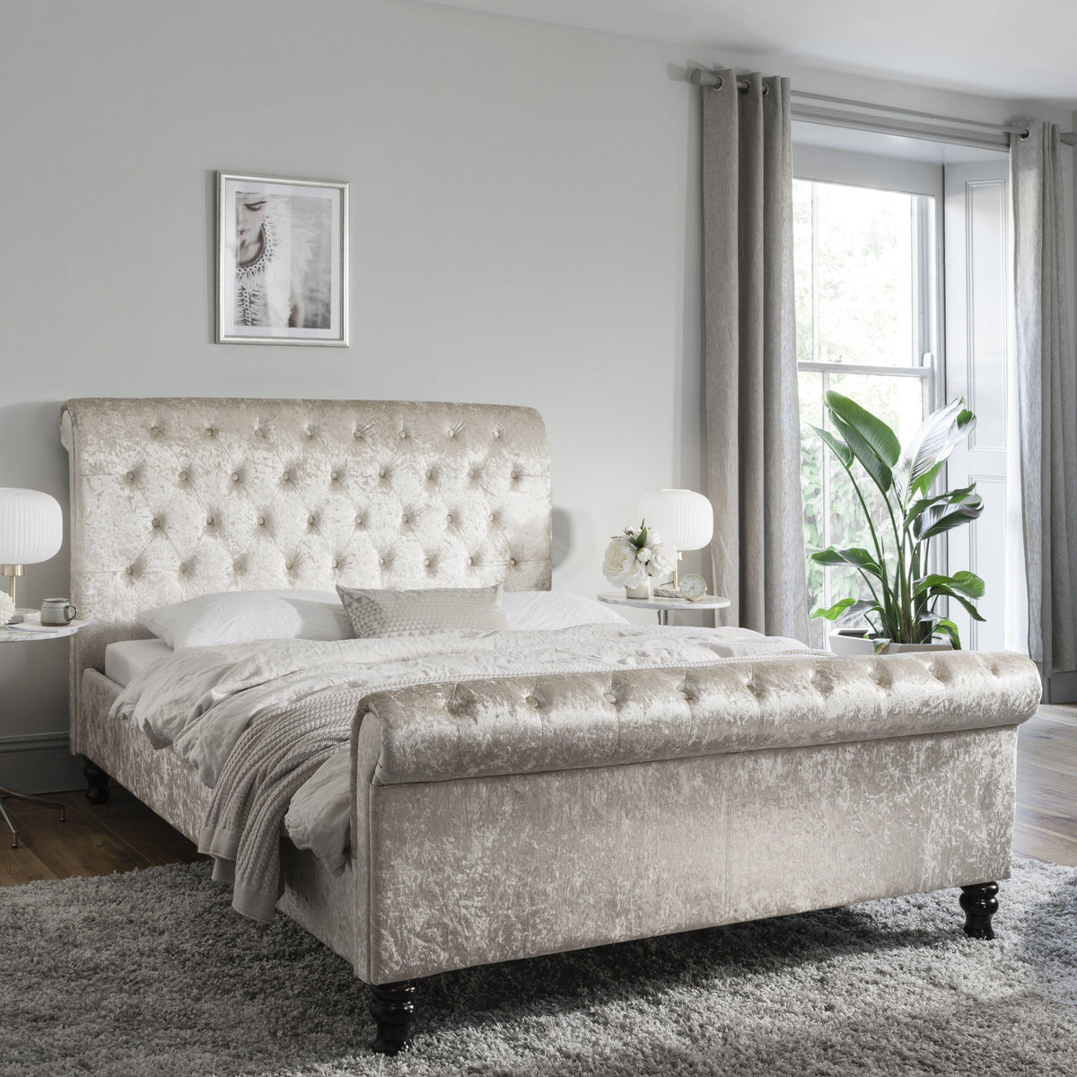 Double Crushed Velvet Sleigh Bed Frame - Champagne - Laura James