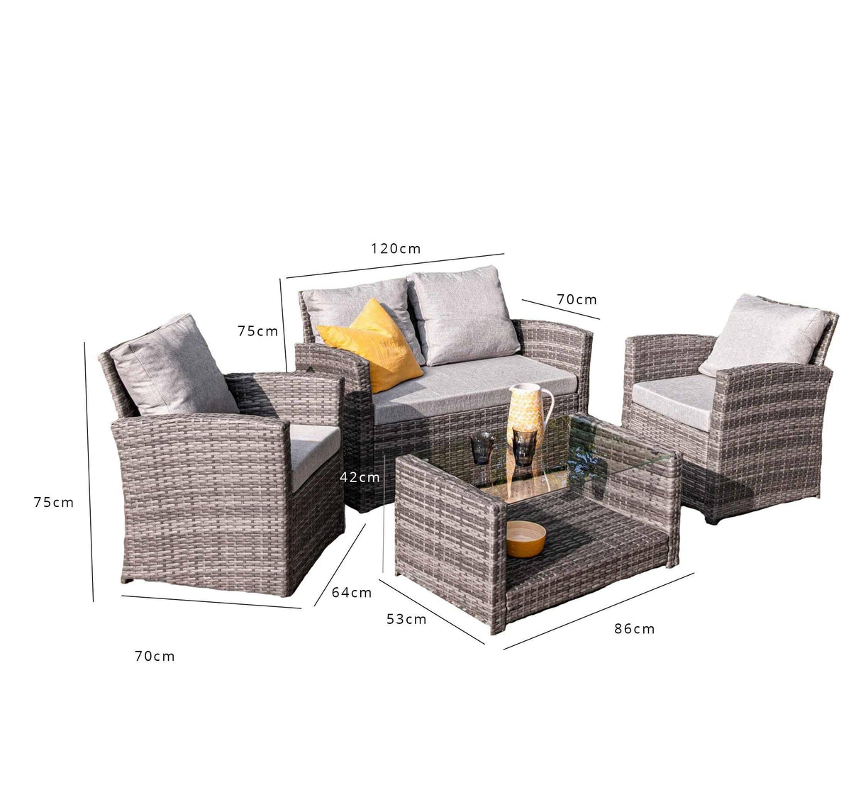 4 Seater Rattan Garden Sofa Set with Lean Over Parasol and Base - Grey Weave - Laura James