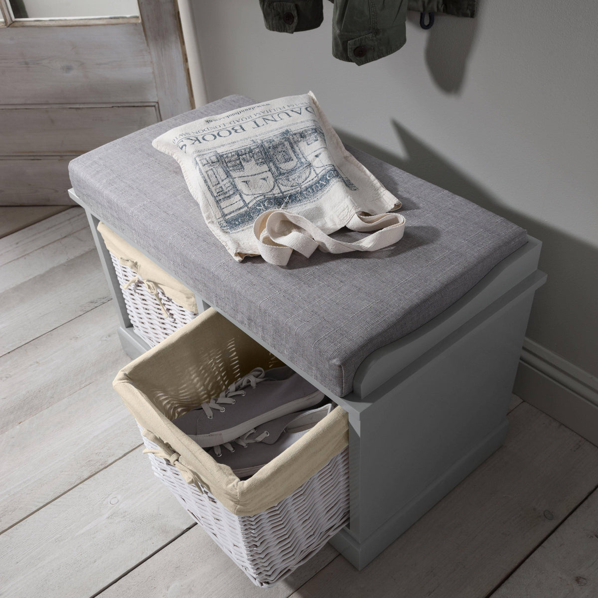 Hallway bench - two baskets - grey - Laura James