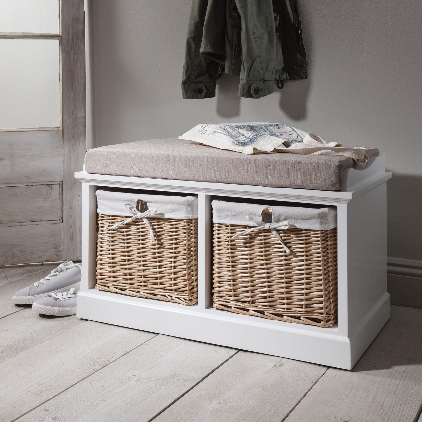 Fyfield Hallway Shoe Storage Bench in White with cushion - Laura James