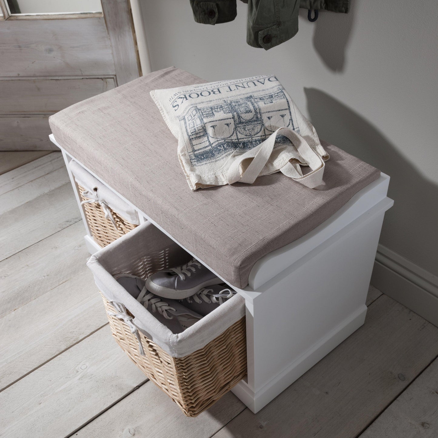 Fyfield Hallway Shoe Storage Bench in White with cushion - Laura James