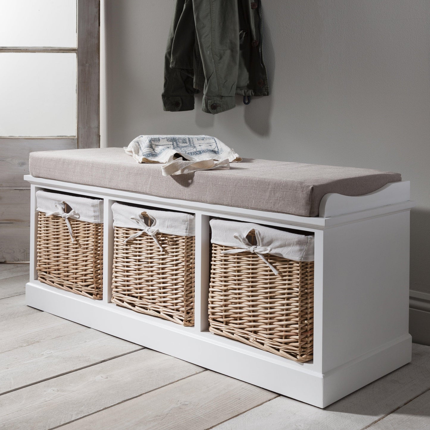 Fyfield Hallway Storage Bench in White with cushion - Laura James