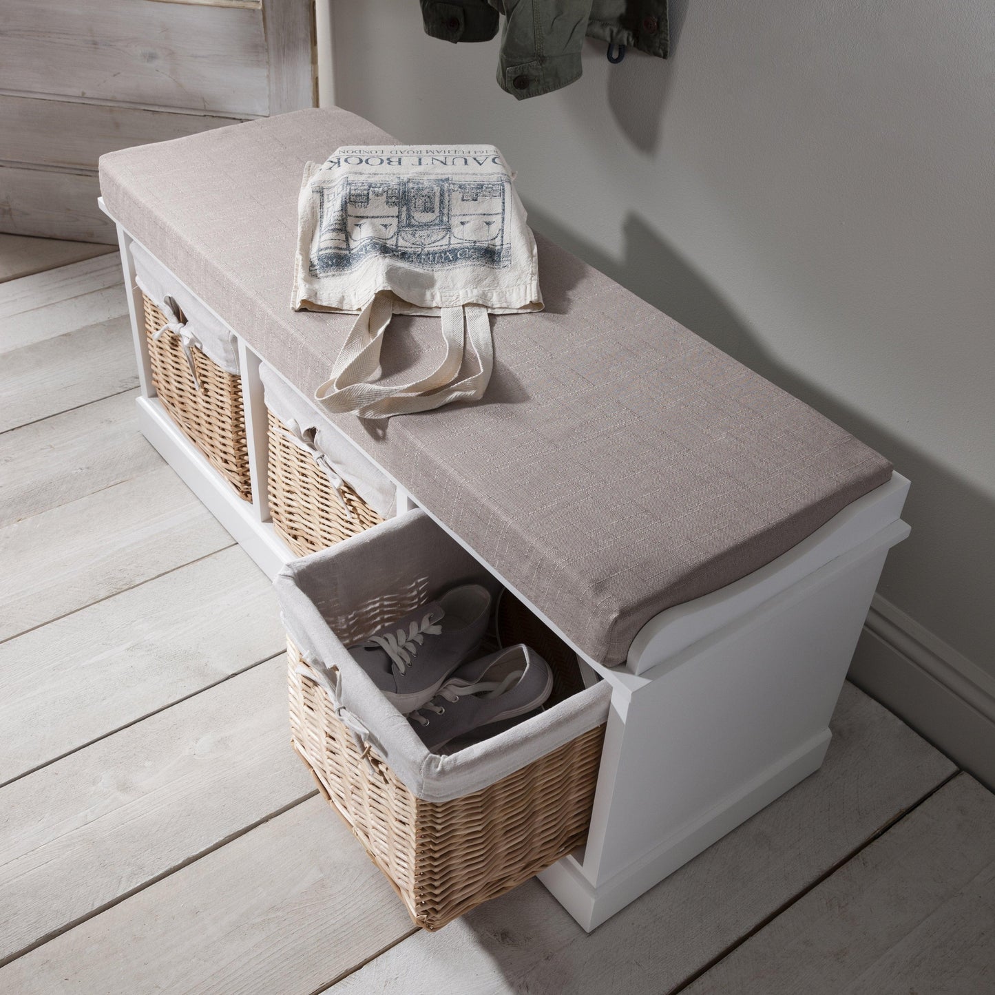 Fyfield Hallway Storage Bench in White with cushion - Laura James
