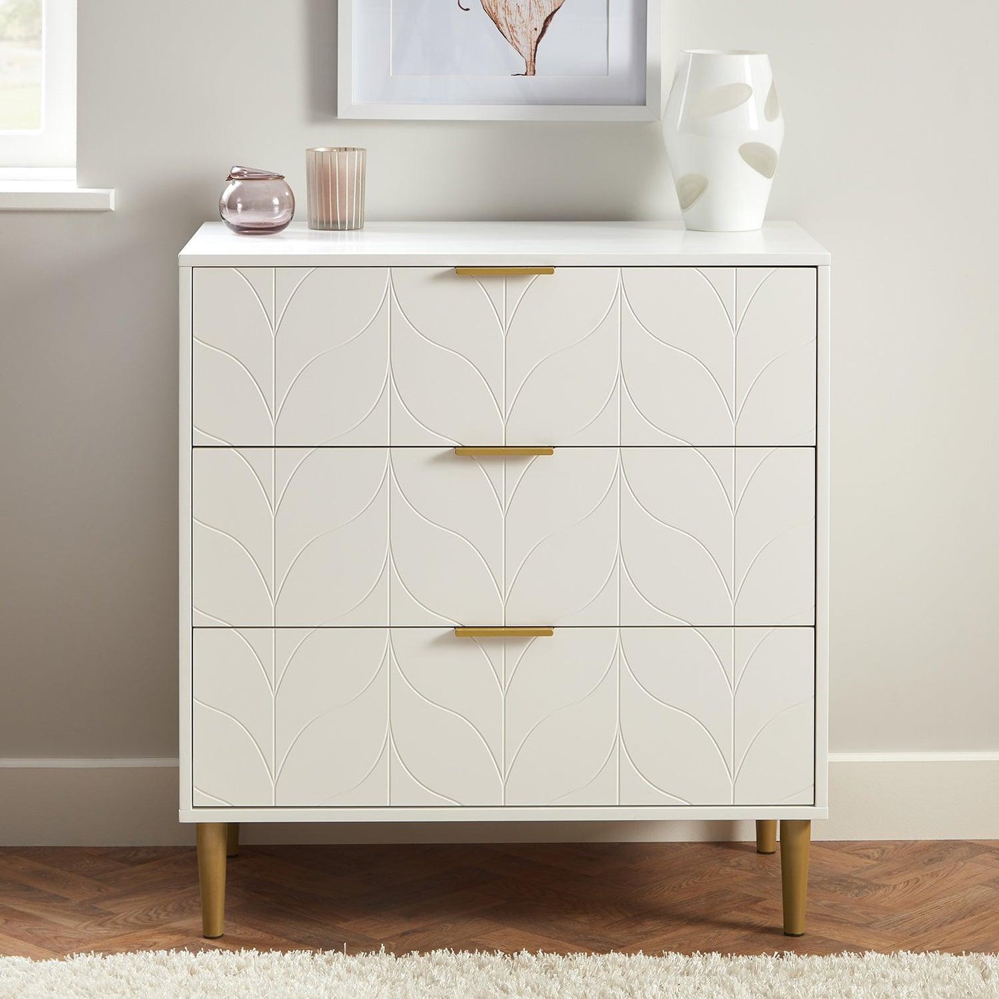 Gloria 3 piece bedroom furniture set - 3 drawer chest of drawers - white - Laura James