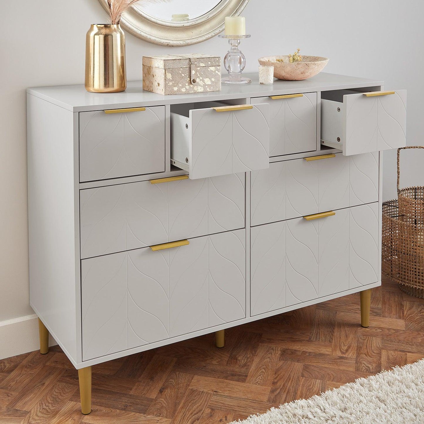 Gloria 3 piece bedroom furniture set - 4 over 4 chest of drawers - grey - Laura James
