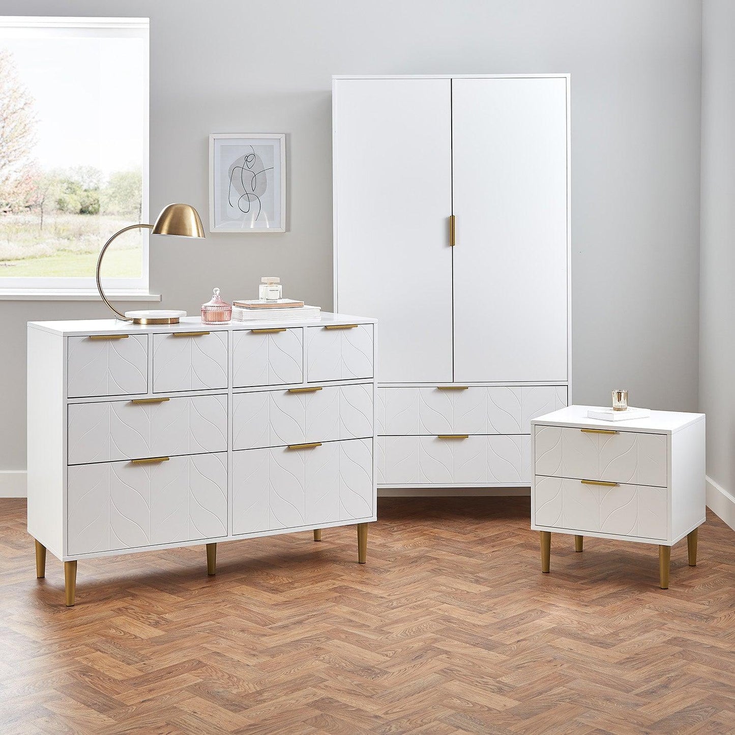 Gloria 3 piece bedroom furniture set - 4 over 4 chest of drawers - white - Laura James