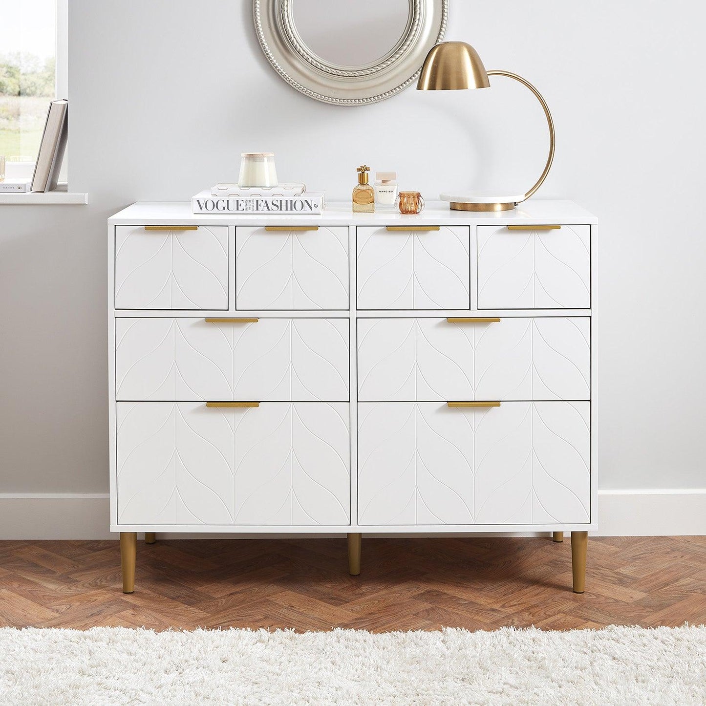 Gloria 3 piece bedroom furniture set - 4 over 4 chest of drawers - white - Laura James