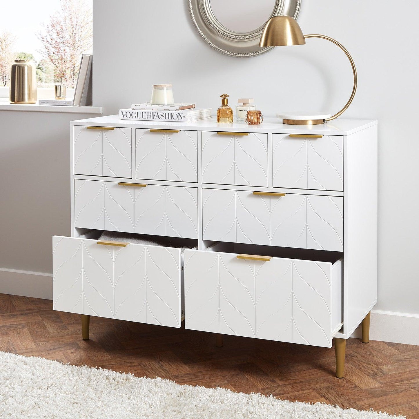 Gloria 3 piece bedroom furniture set - 4 over 4 chest of drawers - white - Laura James