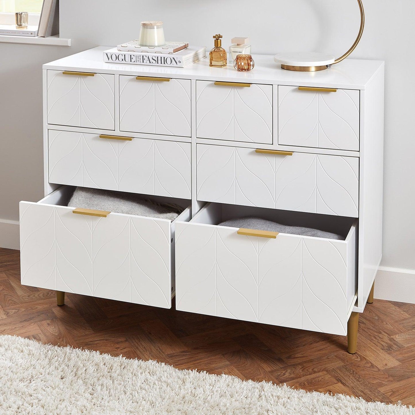 Gloria 3 piece bedroom furniture set - 4 over 4 chest of drawers - white - Laura James