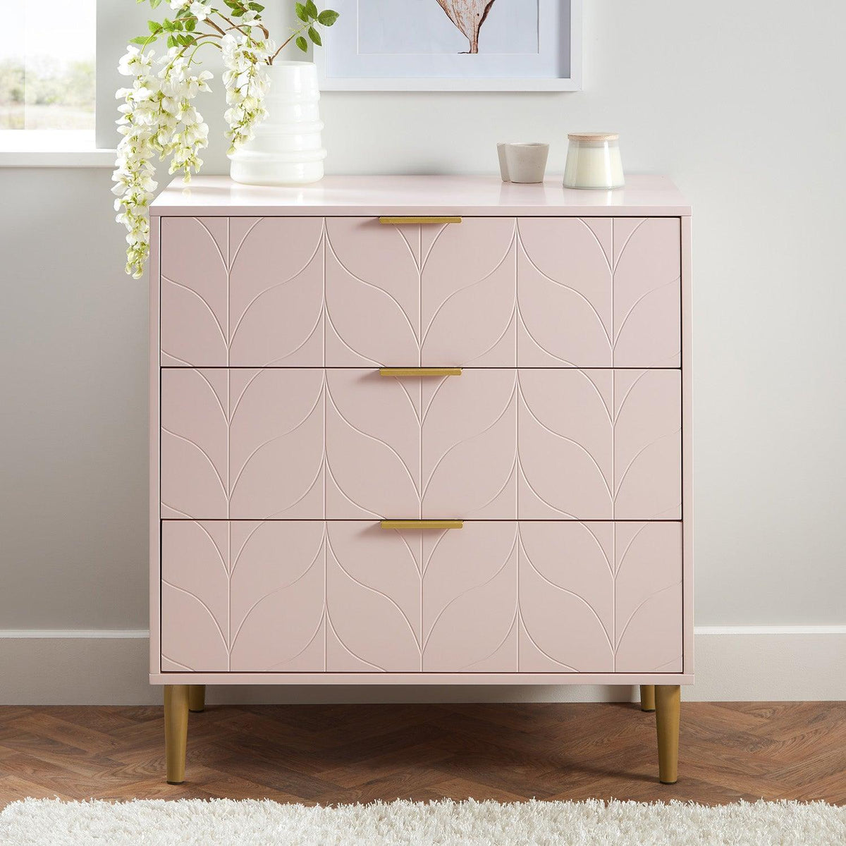 Gloria 4 piece bedroom furniture set - 3 drawer chest of drawers - pale pink - Laura James