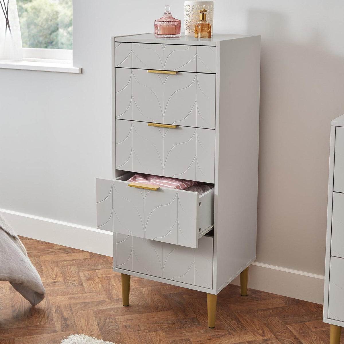 Gloria tallboy - grey and brass effect - Laura james