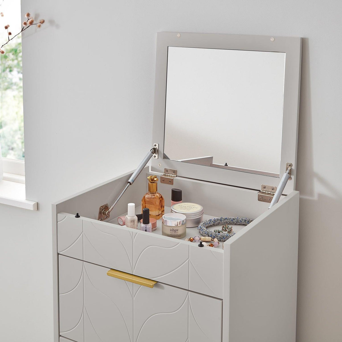 Gloria tallboy - grey and brass effect - Laura james