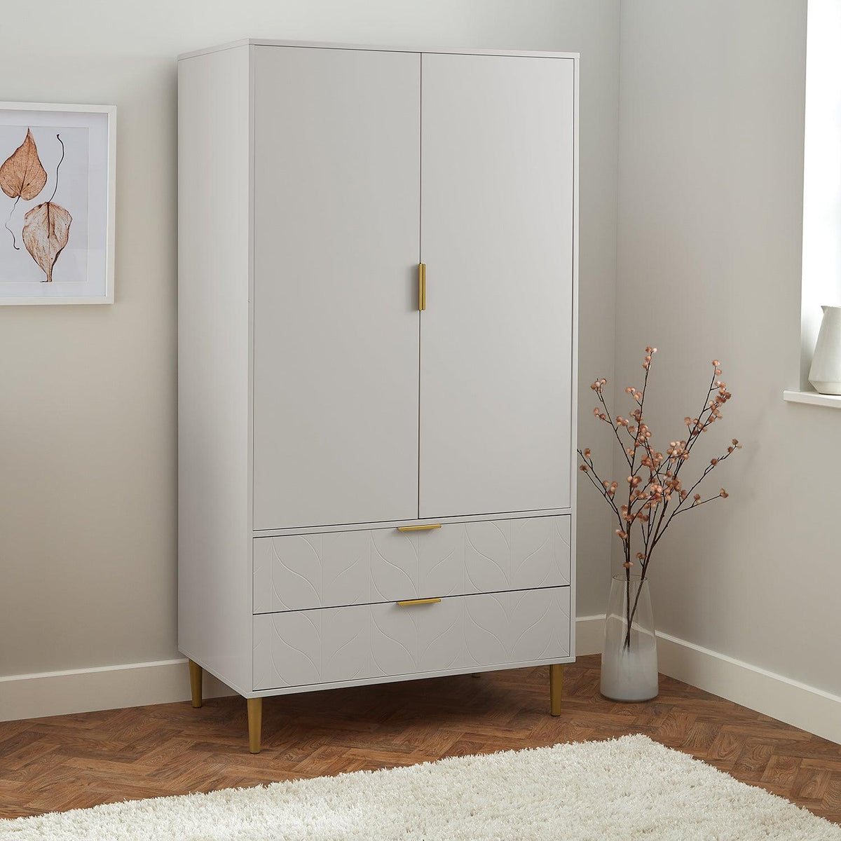Gloria wardrobe and drawers set - 4 over 4 chest of drawers - grey