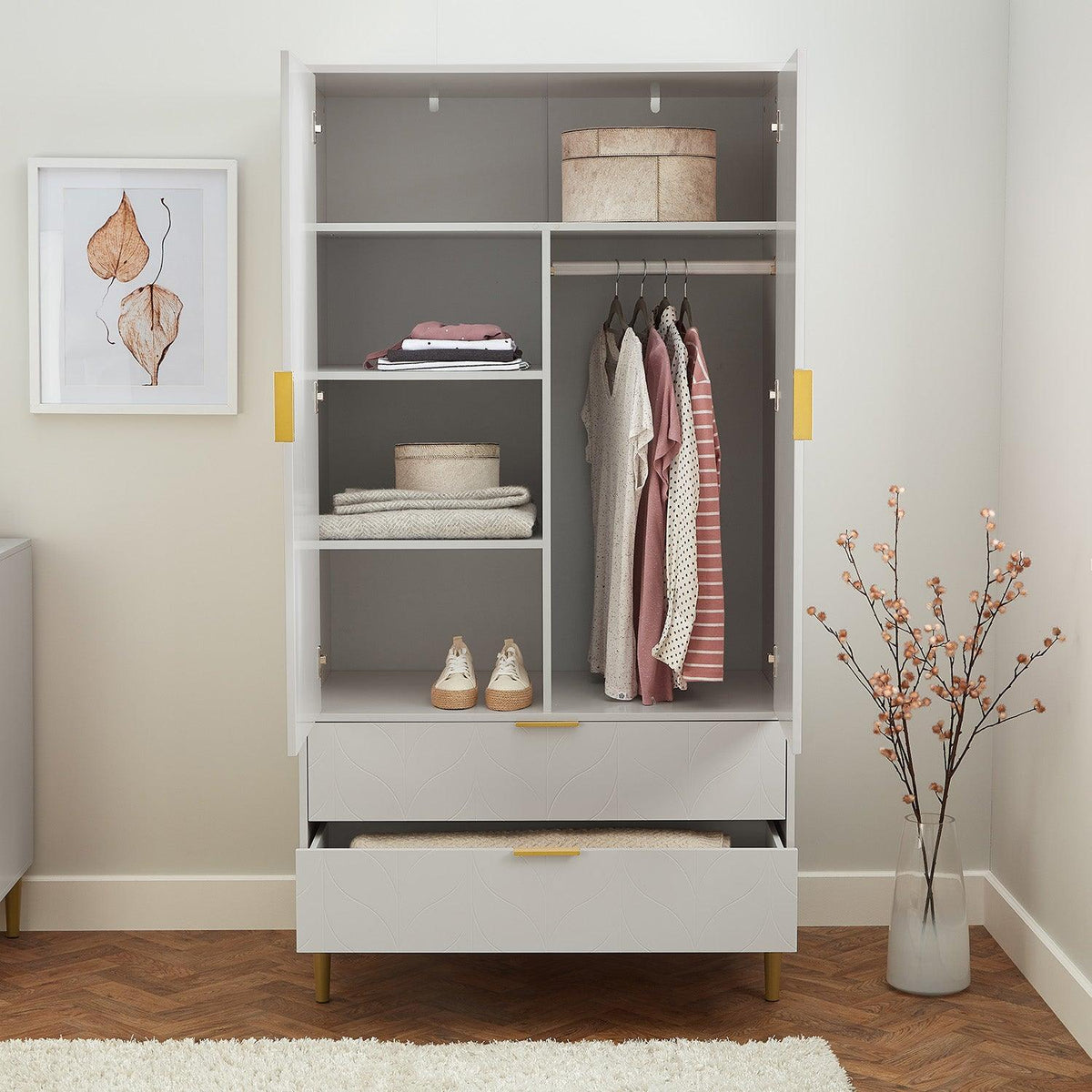 Gloria wardrobe and drawers set - 4 over 4 chest of drawers - grey