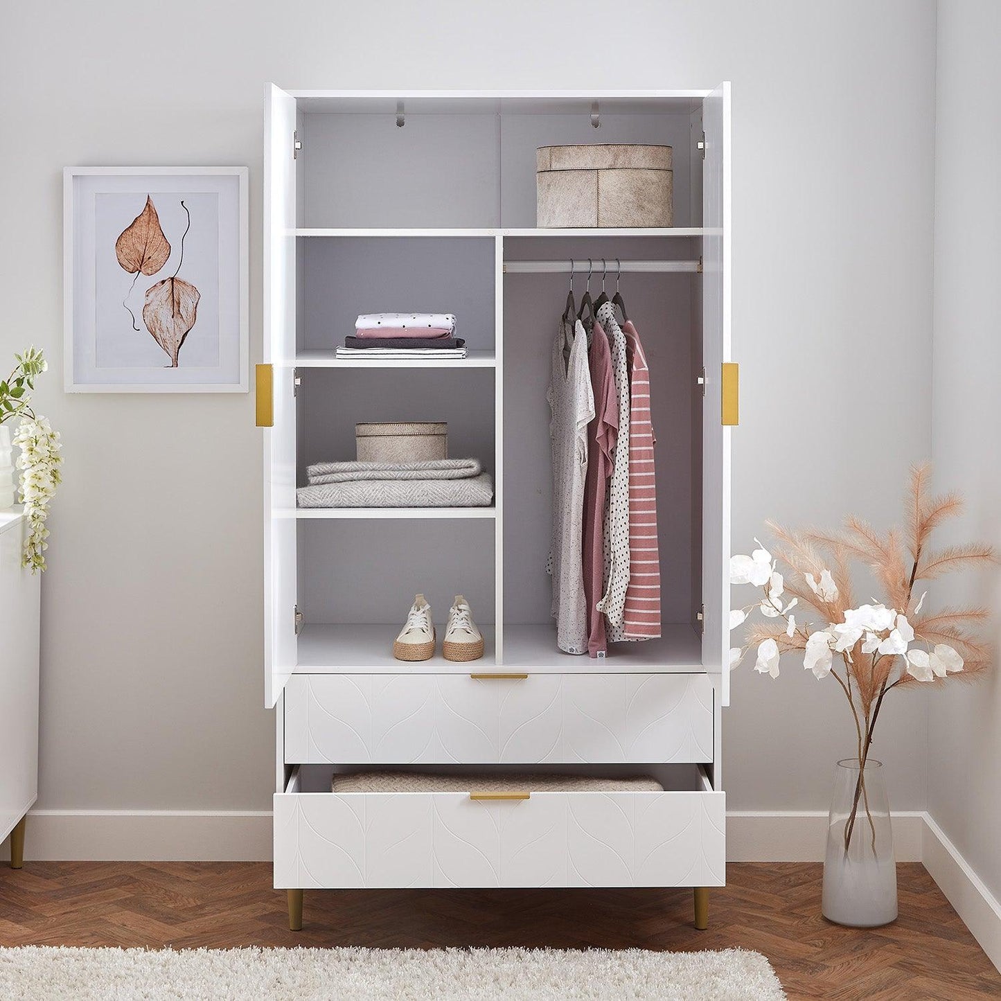 Gloria wardrobe and drawers set - 4 over 4 chest of drawers - white - Laura James