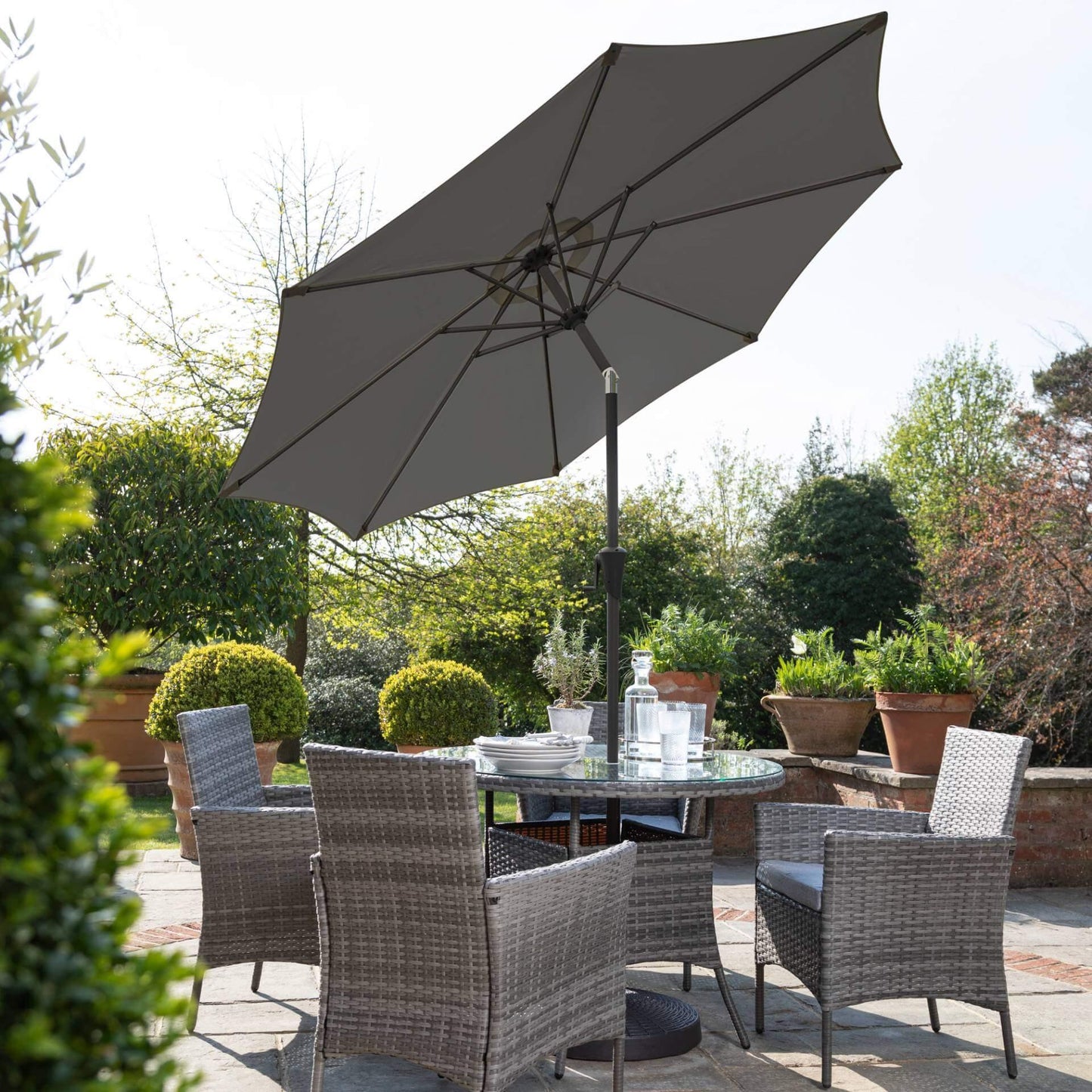 Kemble 4 Seater Rattan Round Dining Set with LED Premium Parasol and Parasol Rain Cover - Grey - Laura James