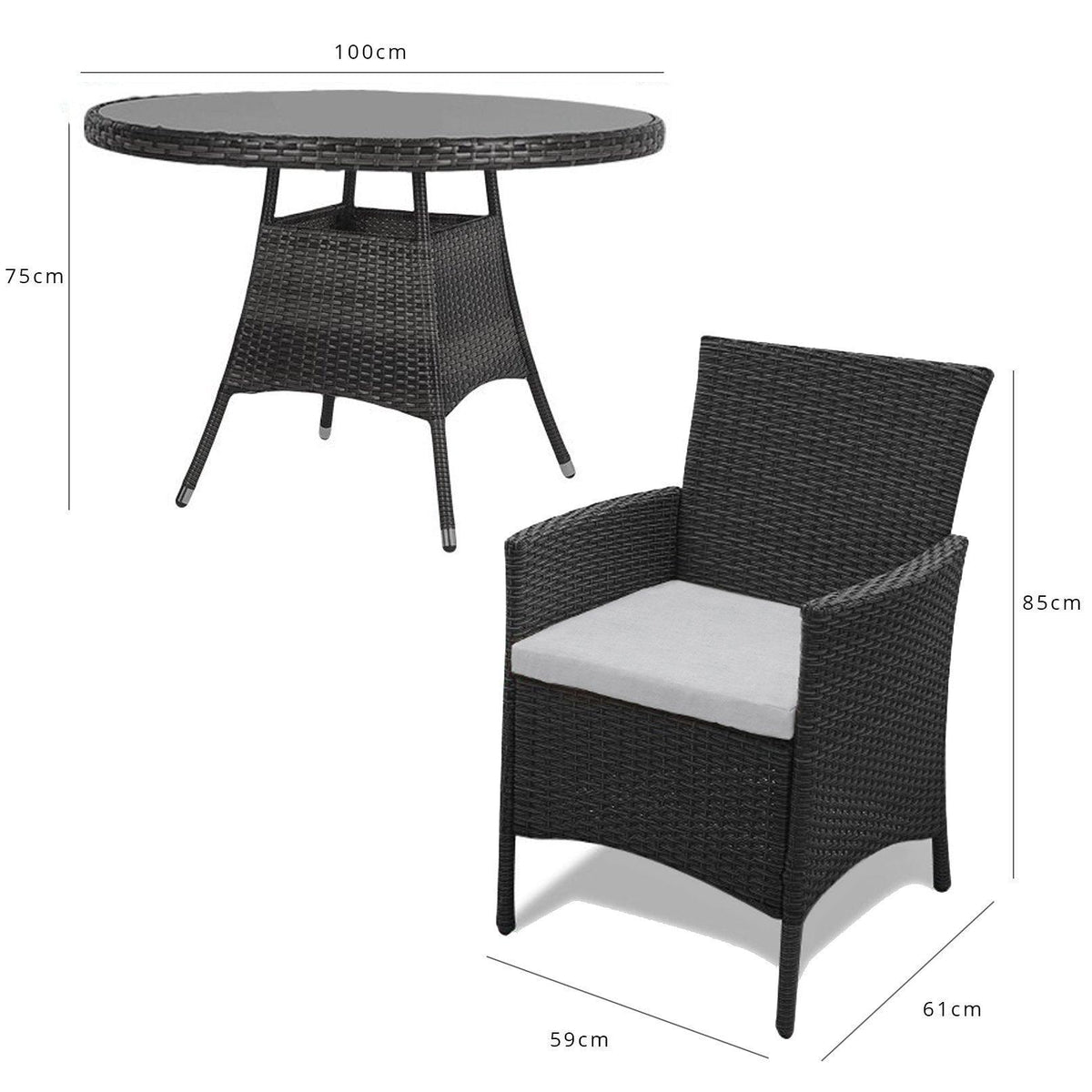 Kemble 4 Seater Rattan Round Dining Set with Grey Parasol - Black - Rattan Garden Furniture - Laura James