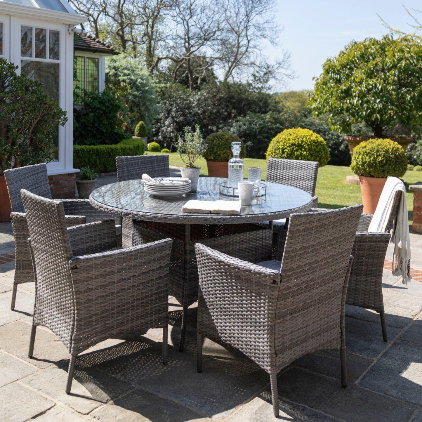 6 Seater Rattan Dining Table Set in Grey - Garden Furniture Outdoor - Laura James