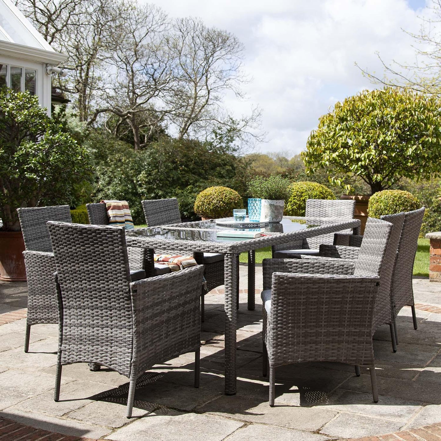 Marston 8 Seater Rattan Outdoor Dining Set with Grey Parasol - Rattan Garden Furniture - Grey - Glass Top - Laura James