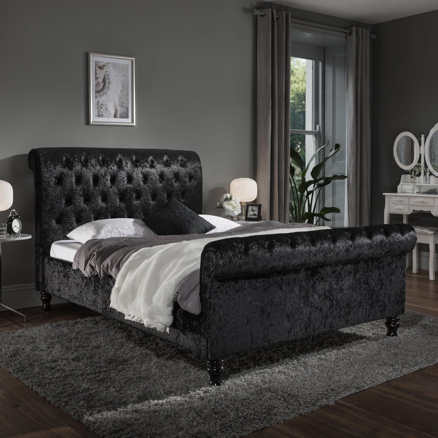 Outlet - Black Crushed Velvet Sleigh Bed Frame King Size - Laura James