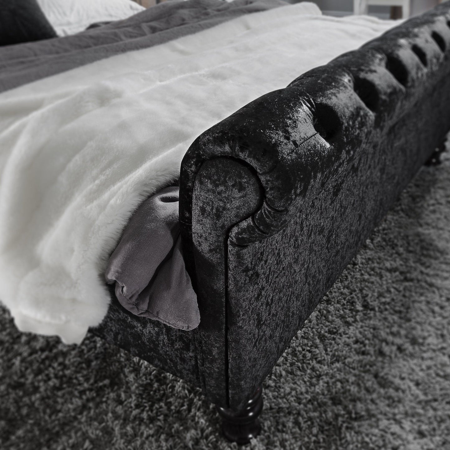 Outlet - Black Crushed Velvet Sleigh Bed Frame King Size - Laura James