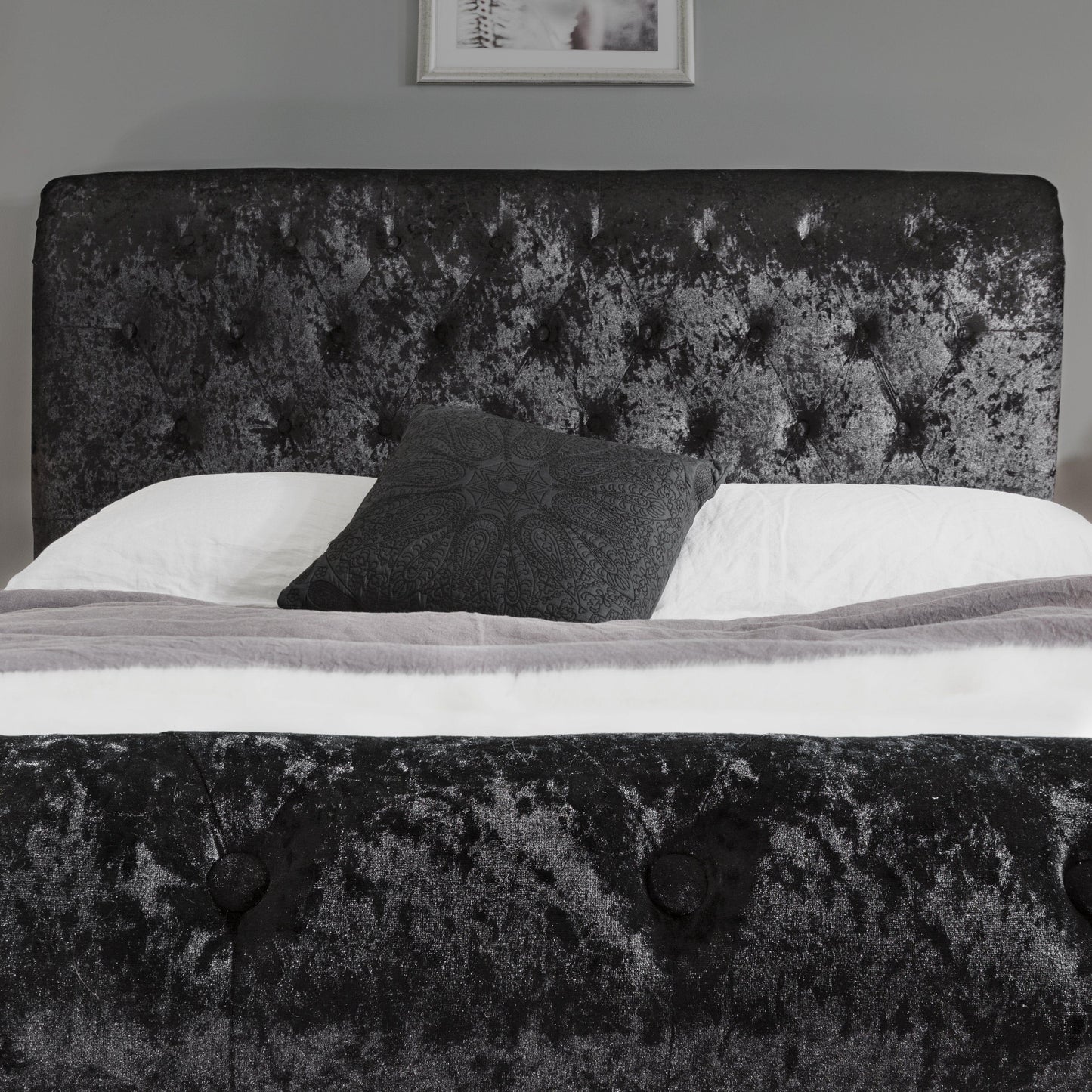Outlet - Black Crushed Velvet Sleigh Bed Frame King Size - Laura James