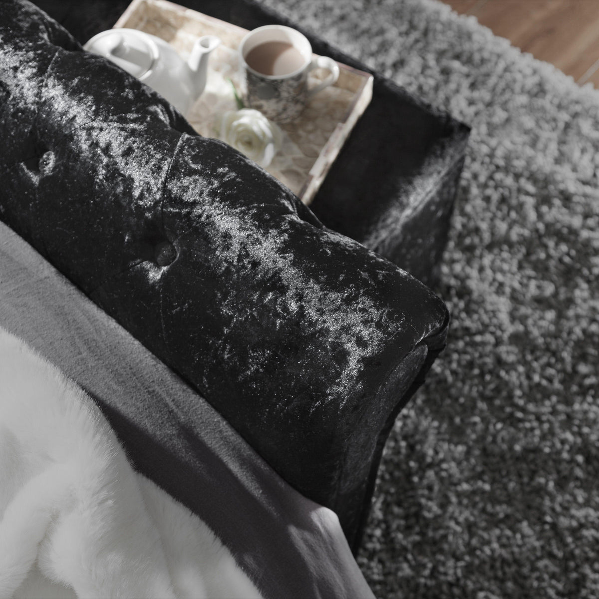 Outlet - Black Crushed Velvet Sleigh Bed Frame King Size - Laura James