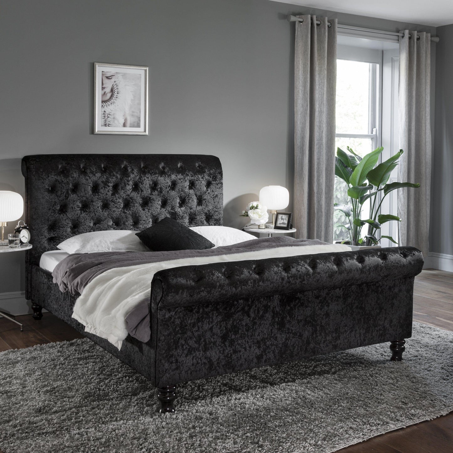 Outlet - Black Crushed Velvet Sleigh Bed Frame King Size - Laura James