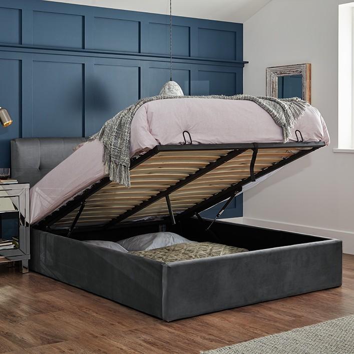 Outlet - Elle Double Ottoman Bed - Grey Velvet - Laura James