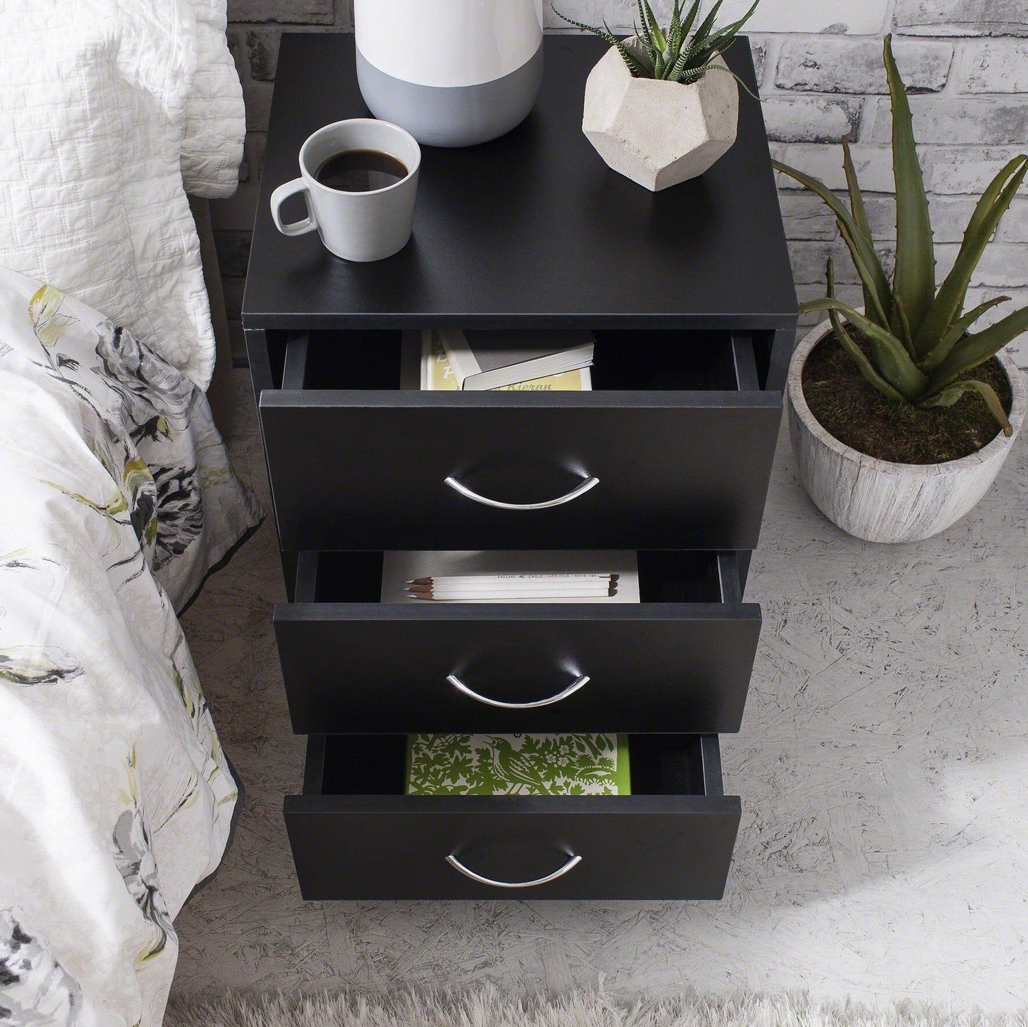 Outlet - Essie Black 3 Drawer Bedside Table - Laura James